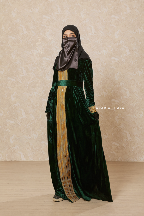 Emerald Green Irfah Luxurious Plush Pombarch Kaftan - Abaya Dress With Belt