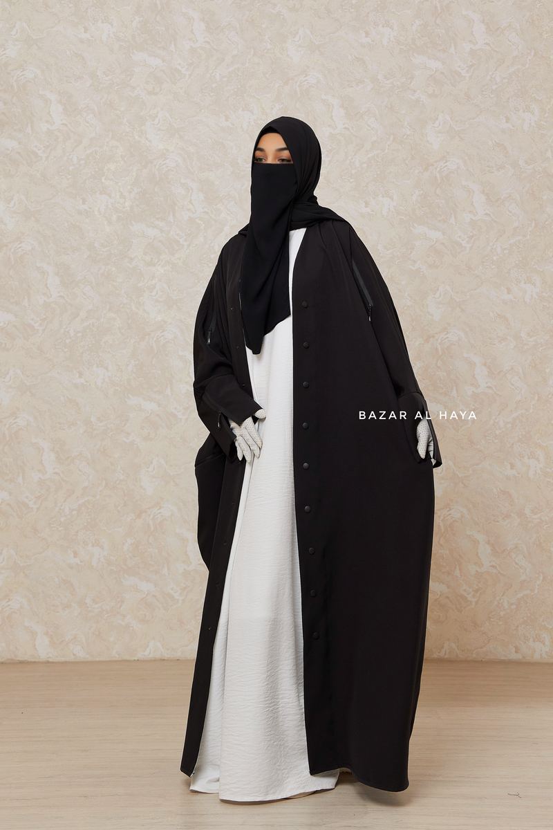 Black Falak Classic Loose Fit Abaya Coat With Scarf - Pockets & Zippers