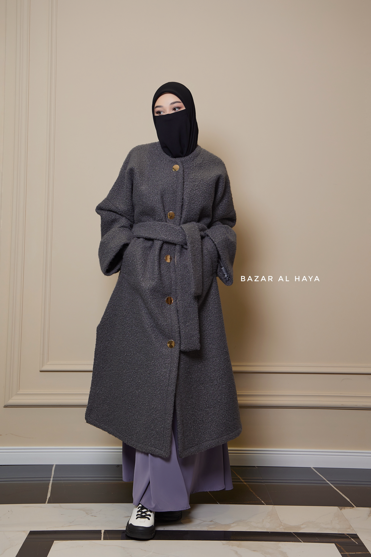 Steel Grey Damla Loose Warm Coat - Premium Teddy Wool – Bazar Al Haya