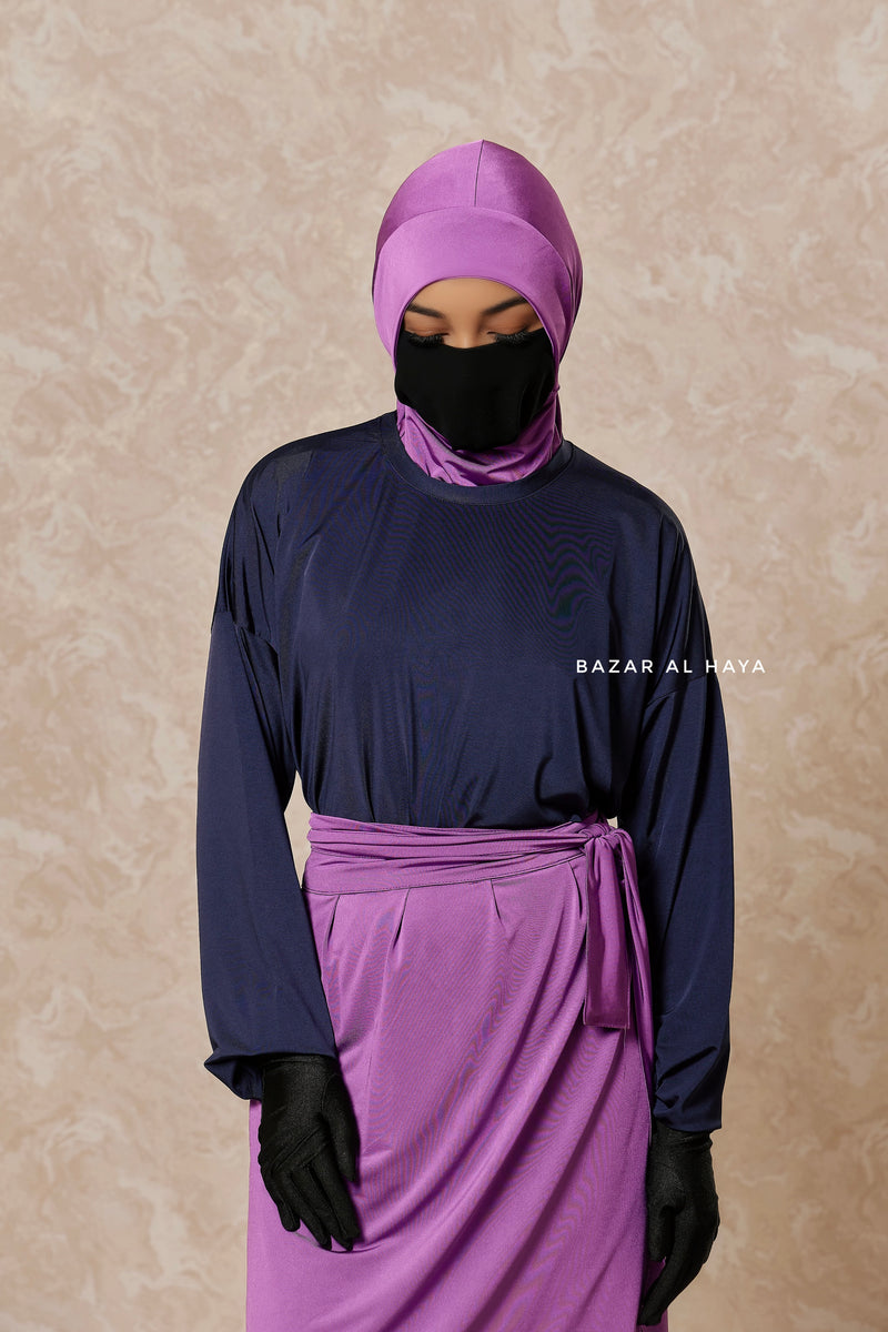 Purple Navy Modest Swimwear 4 Piece Swimdress, Khimar, Apron & Pants - Comfort Swimsuit