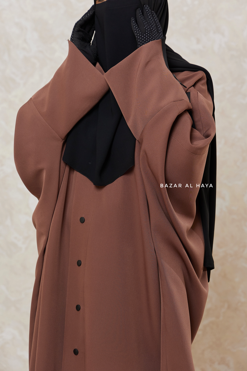 Brown Falak Classic Loose Fit Abaya Coat With Scarf - Pockets & Zippers