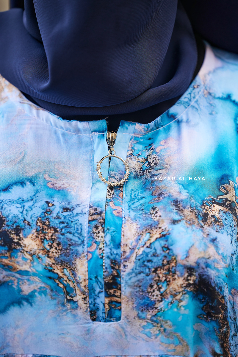 Sadia Ocean/Gold Print Dress - 100% Cotton Summer Tiered Abaya, Front Zipper