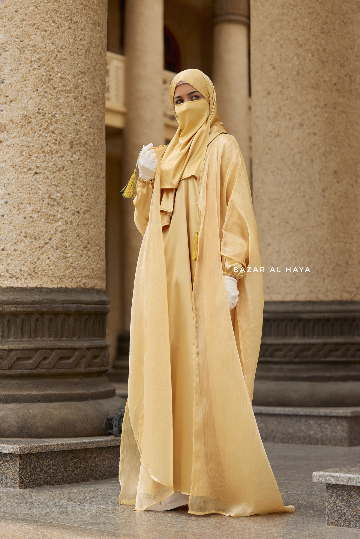 gold abaya dress Humaira 3 Piece Set In Yellow Organza Luxurious Kaftan With Inner Dress, Scarf occasion:Cocktail