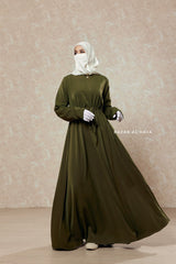 Salam 3 Olive Belted Abaya Dress - Front Zipper & Zipper Sleeves - Nida