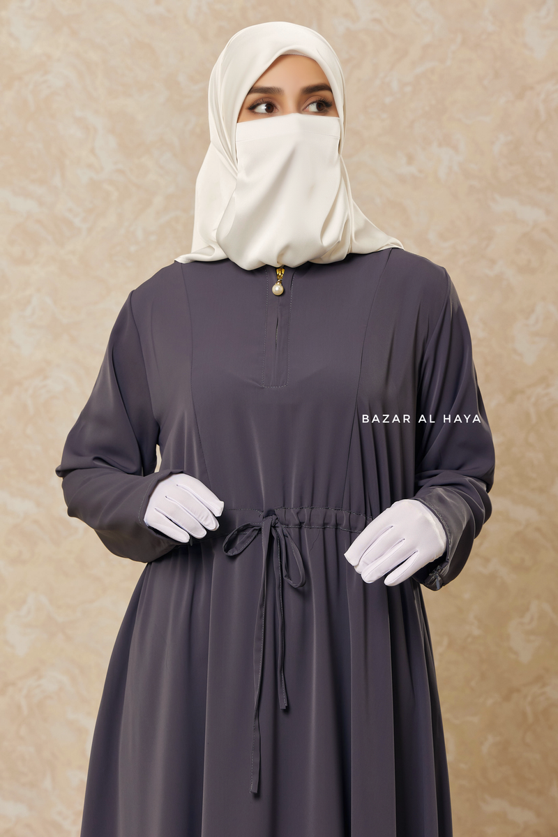 Steel Grey Salam 3 Belted Abaya Dress - Front Zipper & Zipper Sleeves - Nida