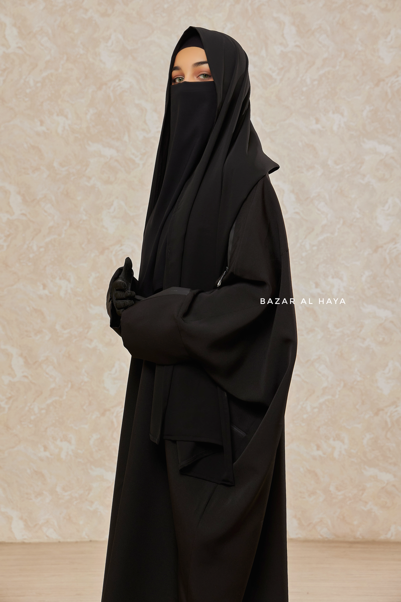 Black Falak Classic Loose Fit Abaya Coat With Scarf - Pockets & Zippers