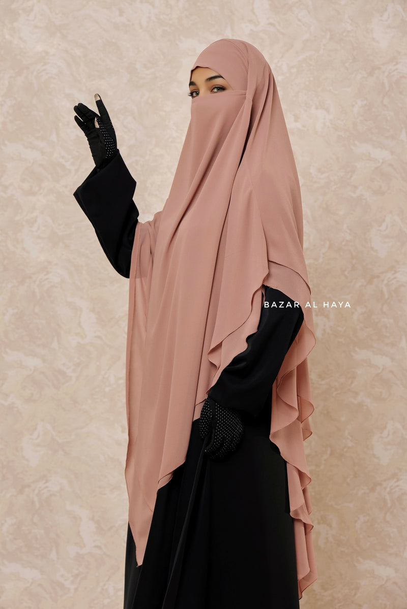 Taupe Rose Pari Two Layered Maxi Diamond Khimar - Crepe Chiffon