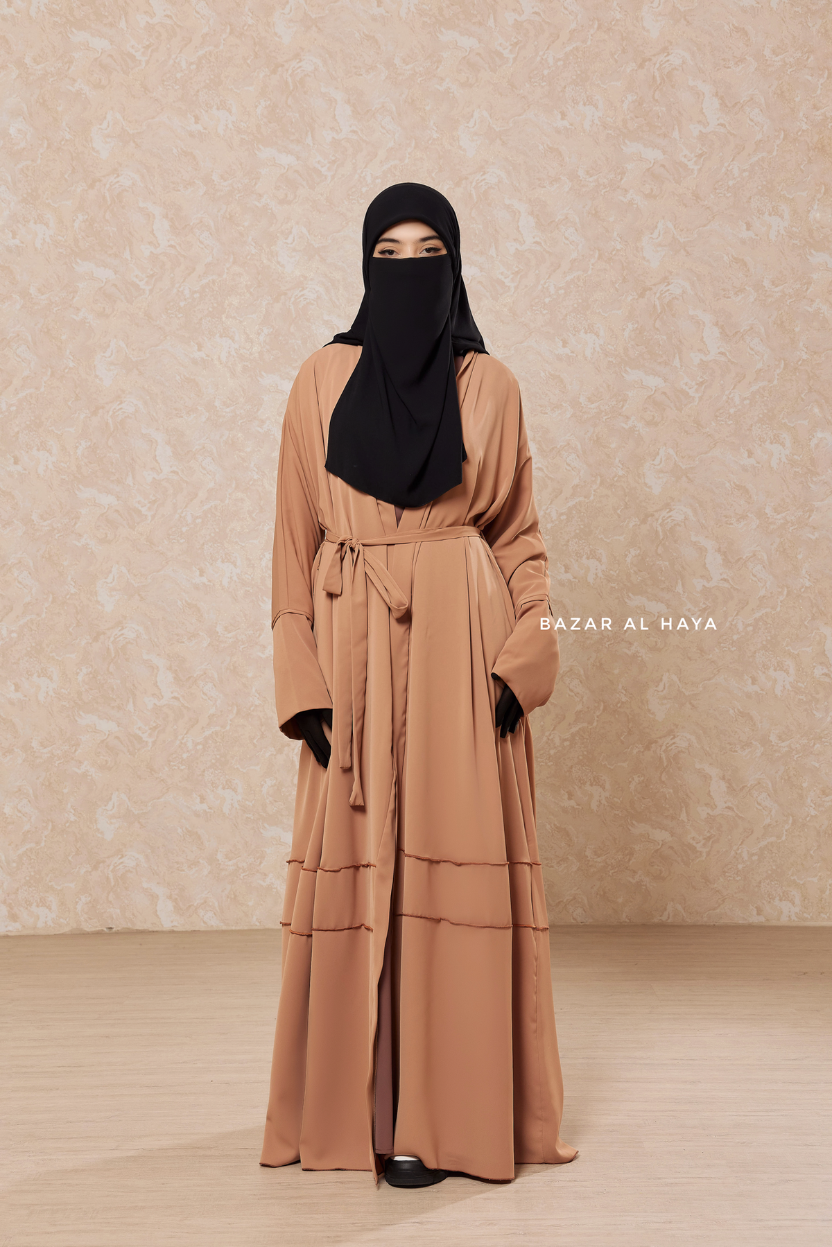 ♡aayyaa♡ Latte Fathiya Open Front Abaya In Nida - Relaxed Fit – Bazar Al Haya