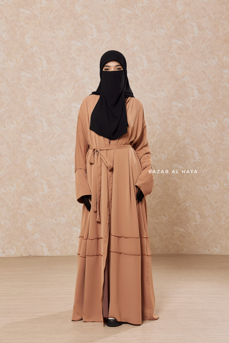 Latte Fathiya Open Front Abaya In Nida - Relaxed Fit