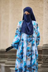 Sadia Ocean/Gold Print Dress - 100% Cotton Summer Tiered Abaya, Front Zipper