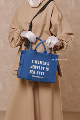 “A Women’s Jewelry Is Her Haya” Blue Cotton Tote Bag