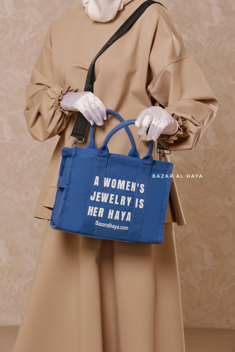 “A Women’s Jewelry Is Her Haya” Blue Cotton Tote Bag