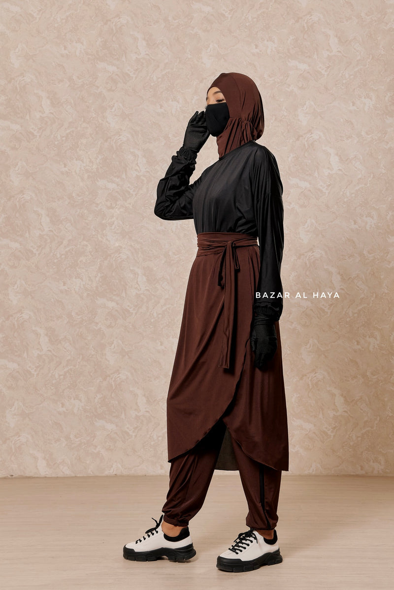 Brown Black Modest Swimwear 4 Piece Swimdress, Khimar, Apron & Pants - Comfort Swimsuit