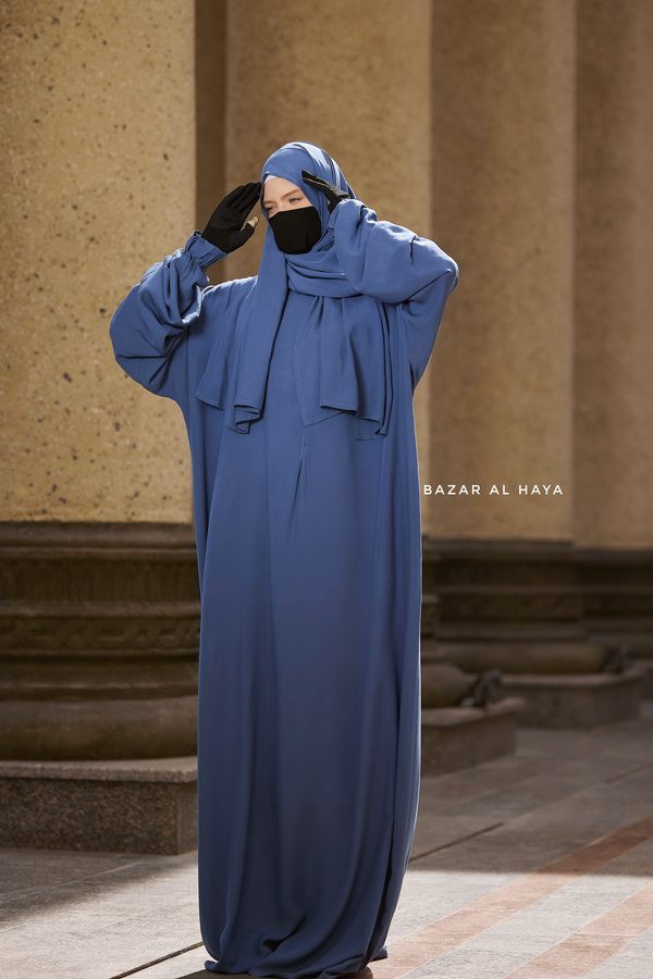 Prayer / Salah Dress One Piece Jilbab Blue 100% Cotton - Super Breathable Comfy Style