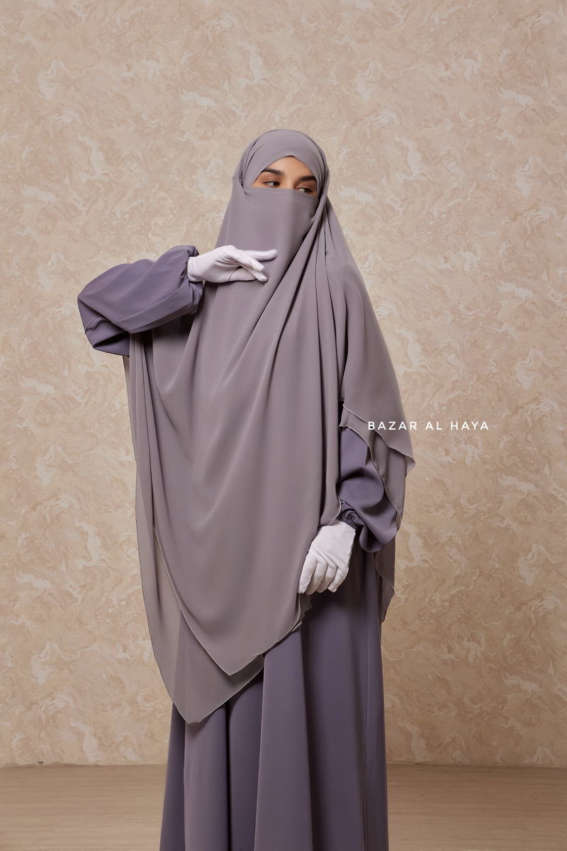 Silver Pari Layered Khimar & Salam 2 Abaya Two Piece Set