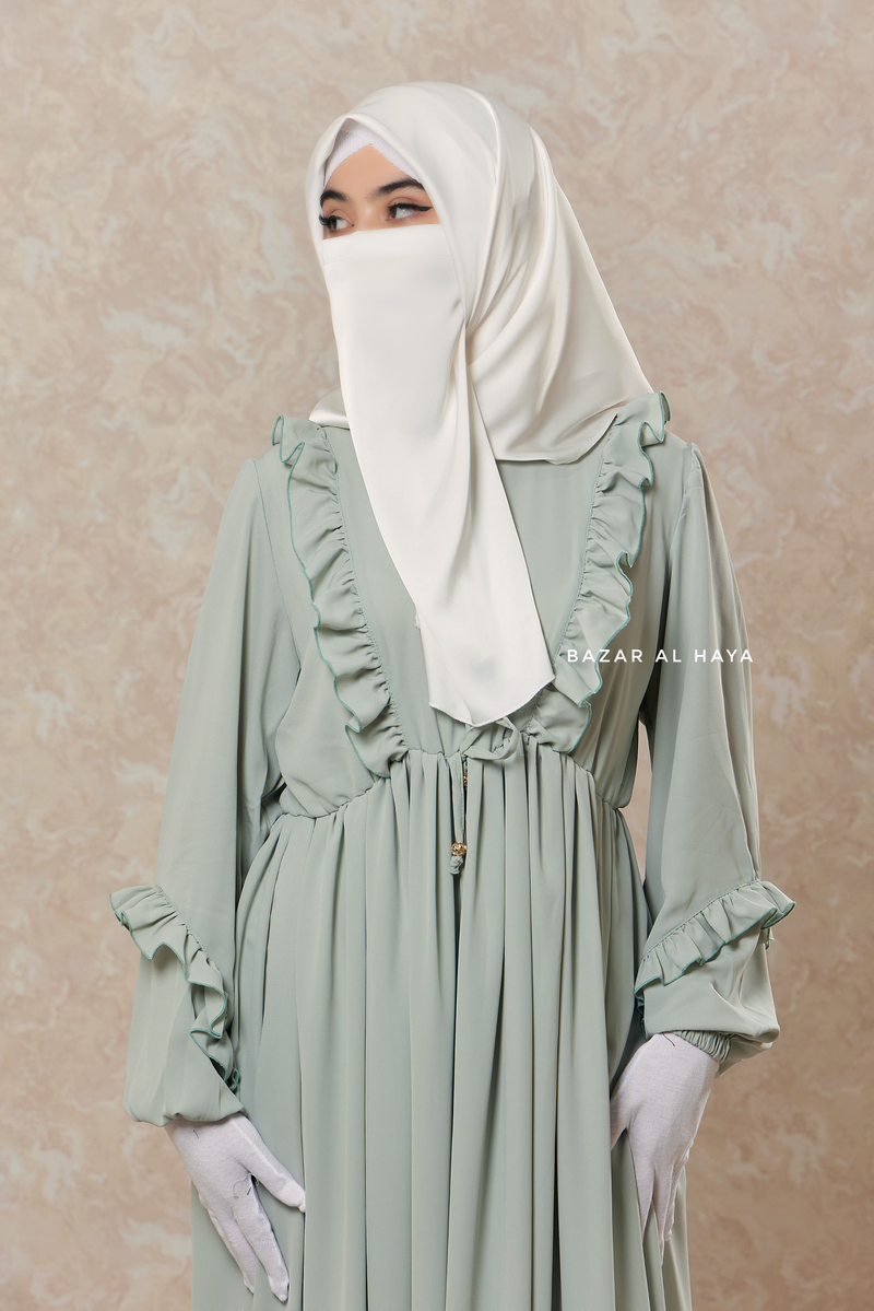 mint green abaya dress Elsa Satin 4 Pieces Abaya Set. Light Green Abaya Set, Sage Mint Green Dubai Abaya, Party Abaya, Occasion Abaya, Wedding
