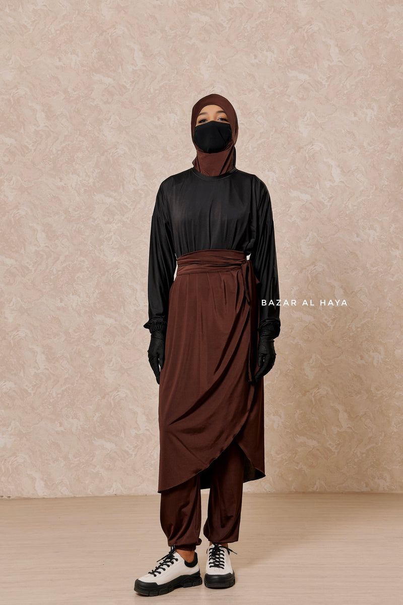 Brown Black Modest Swimwear 4 Piece Swimdress, Khimar, Apron & Pants - Comfort Swimsuit