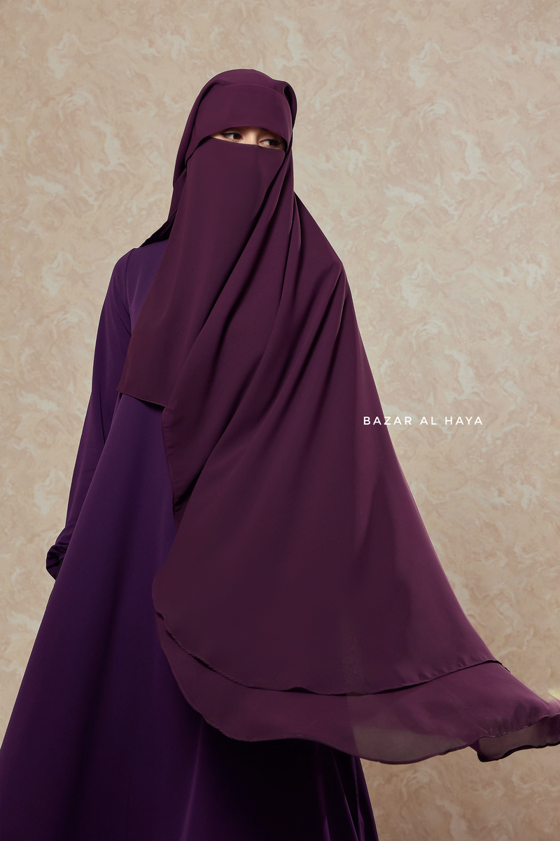 Plum Two Layer Flap Niqab - Premium Wool Chiffon - Large