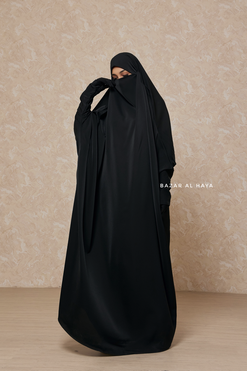 Sarah One Piece Black Jilbab - Zipper Sleeves - Silk Crepe