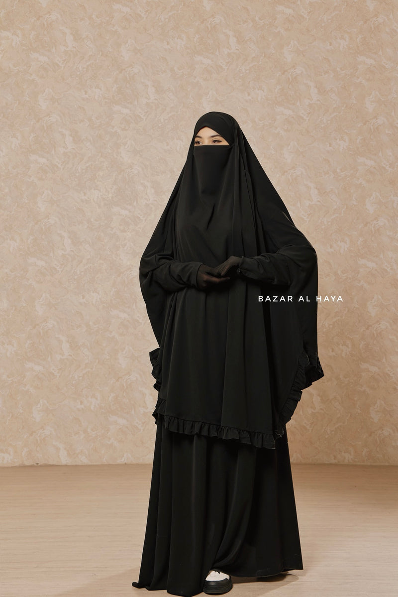 Black Ibadah Two-piece Jilbab with Skirt, Haj, Umrah Garment & Prayer Set