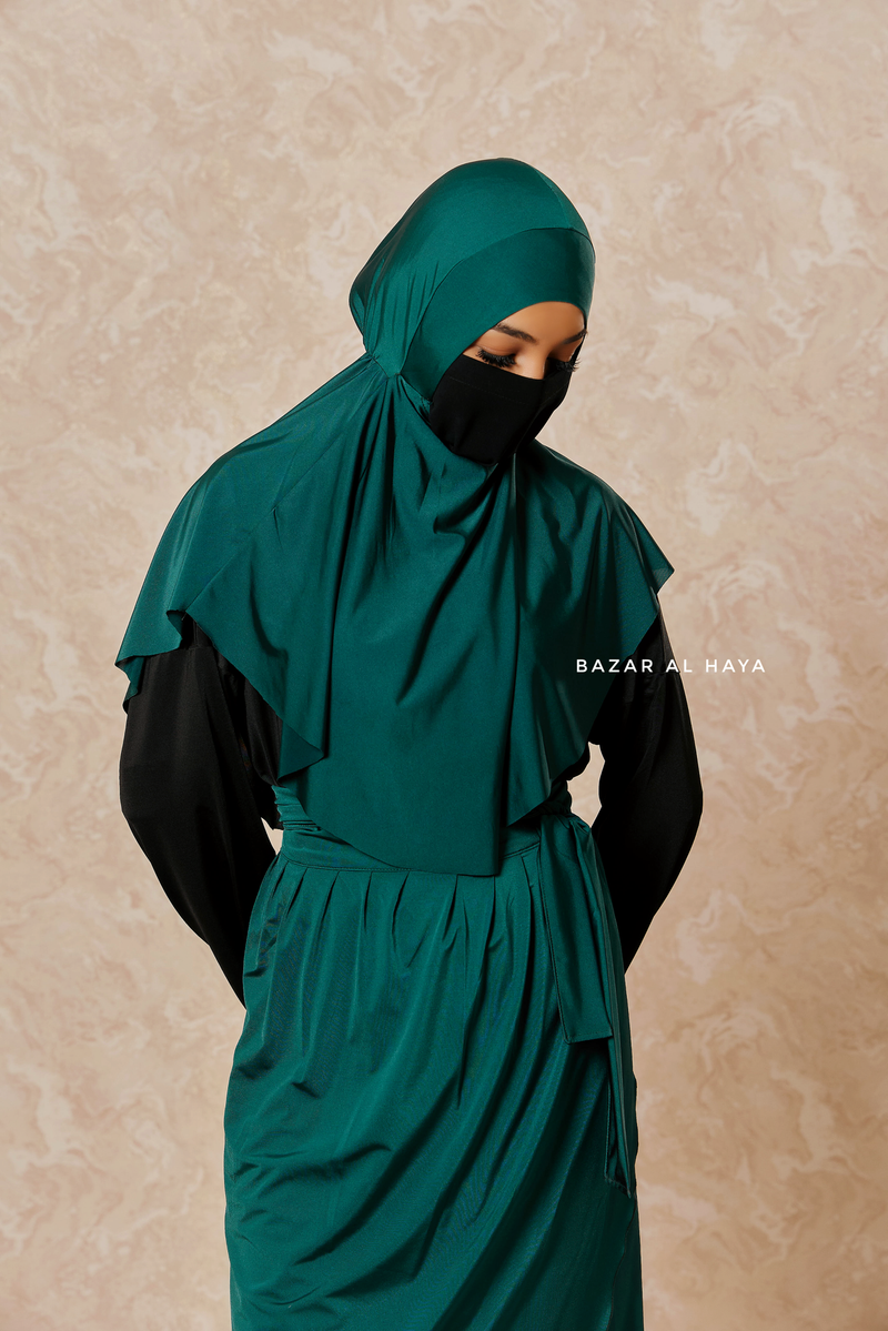 Emerald Black Modest Swimwear 4 Piece Set With Swimdress, Khimar, & Pants - Comfort Swimsuit