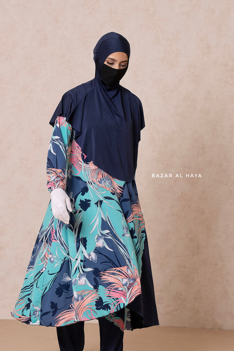 Floral Print Modest Swimwear Three Piece Set - Swimdress, Khimar, & Pants - The Comfort