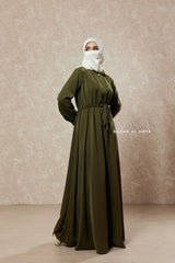 Salam 3 Olive Belted Abaya Dress - Front Zipper & Zipper Sleeves - Nida