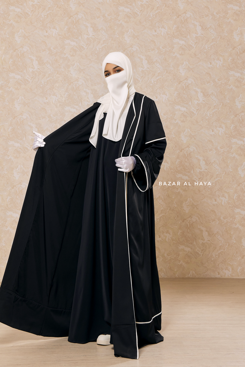 Black Fazeela Open Front Abaya In Classic Design - Premium Silk Crepe