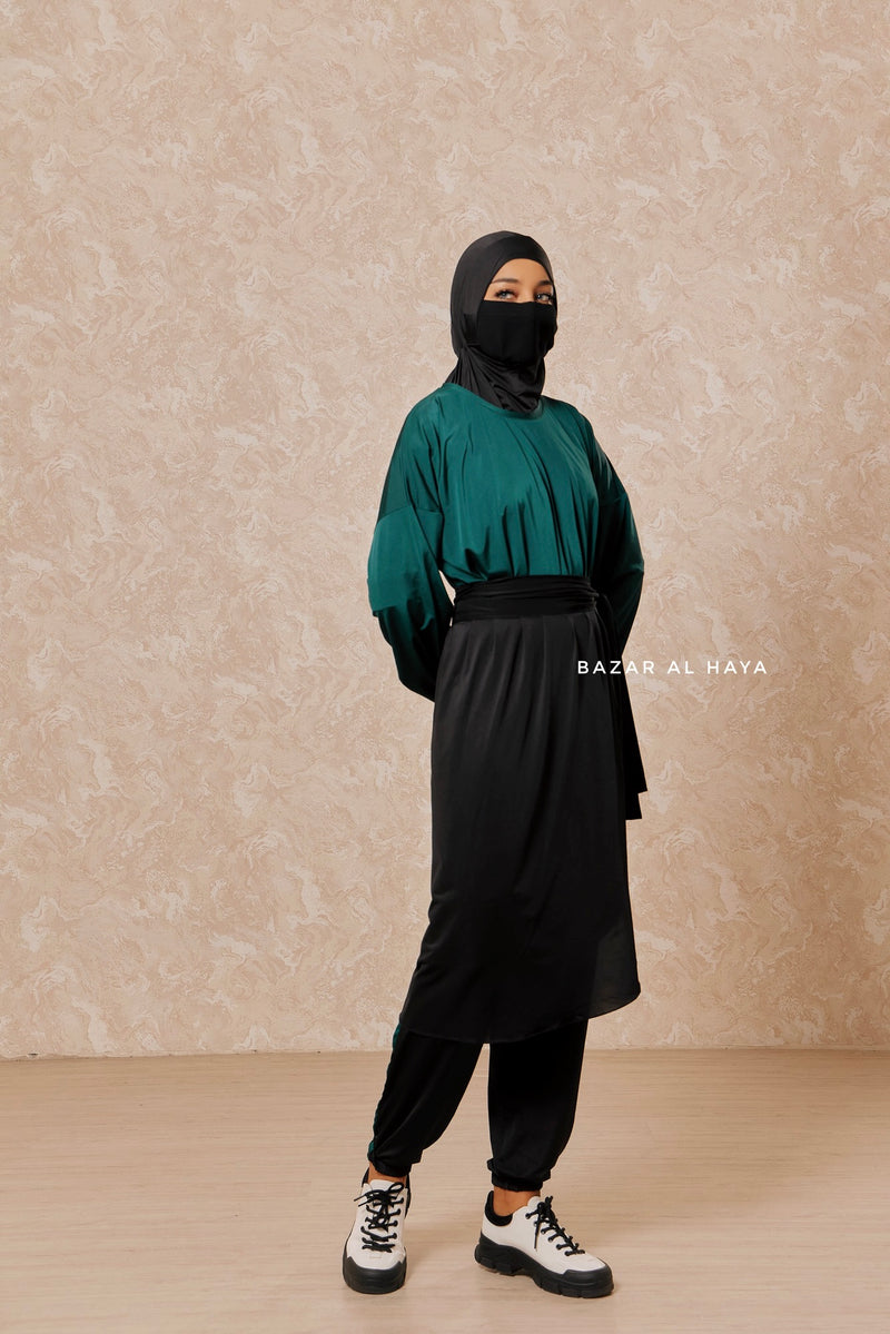 Black Emerald Modest Swimwear 4 Piece Set With Swimdress, Khimar, & Pants - Comfort Swimsuit