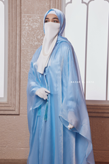 Humaira 3 Piece Abaya Set In Blue Organza Luxurious Kaftan With Inner Dress Scarf