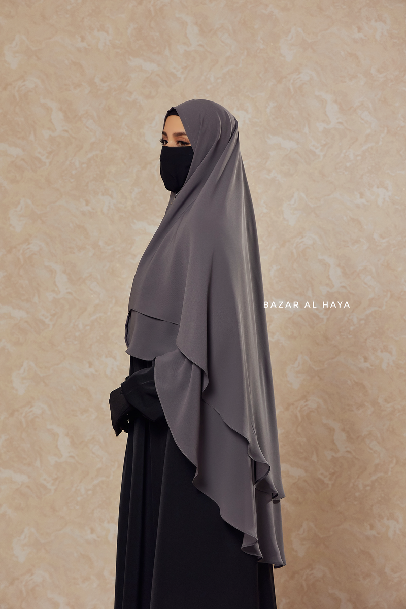 Grey Two Layered Three -In- One Snap Scarf, Khimar, Cape - Super Soft