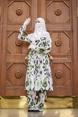 Inaya Green & White Print Three Piece Top Dress & Wide Pants Set With Belt