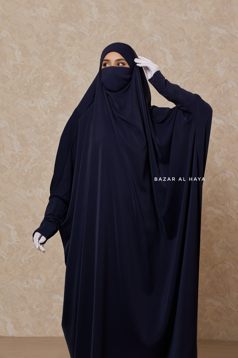 Dark Blue Sarah One Piece Jilbab - Zipper Sleeves - Silk Crepe