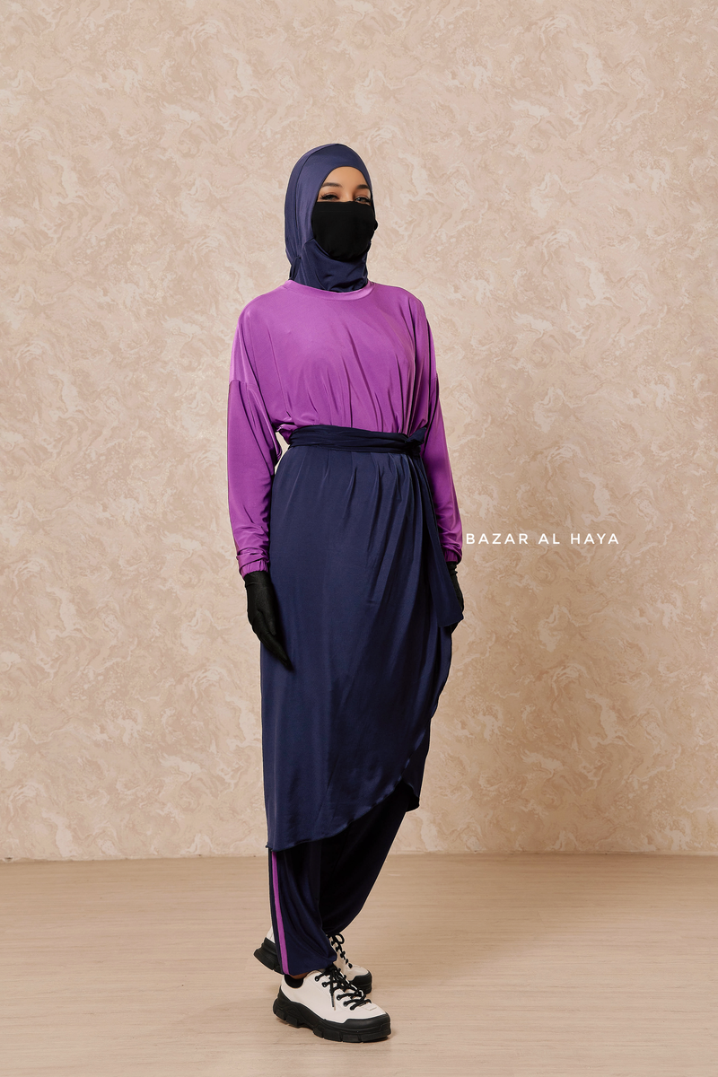 Navy Purple Modest Swimwear 4 Piece Swimdress, Khimar, Apron & Pants - Comfort Swimsuit