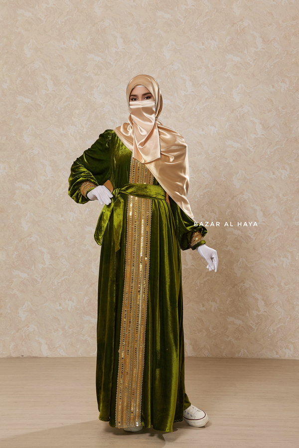 Pistachio Irfah Luxurious Plush Pombarch Kaftan - Abaya Dress With Belt