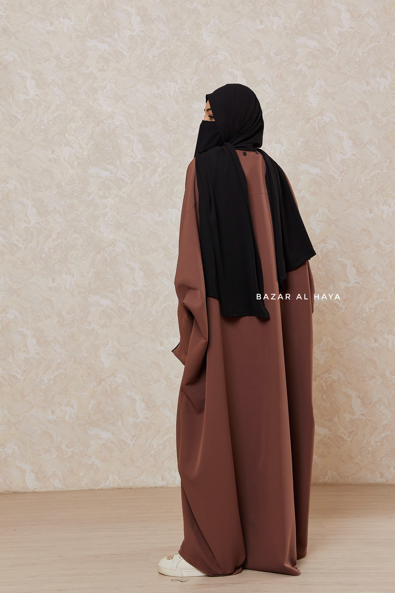 Brown Falak Classic Loose Fit Abaya Coat With Scarf - Pockets & Zippers