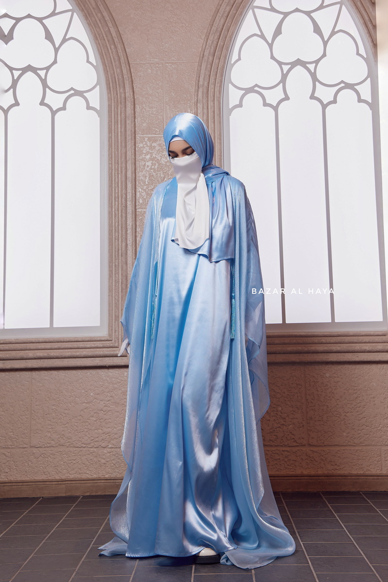 Humaira 3 Piece Abaya Set In Blue Organza Luxurious Kaftan With Inner Dress Scarf