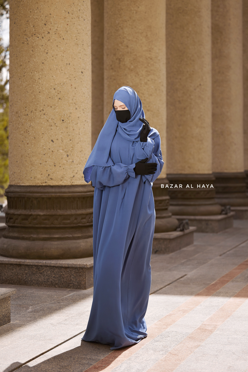 Prayer / Salah Dress One Piece Jilbab Blue 100% Cotton - Super Breathable Comfy Style