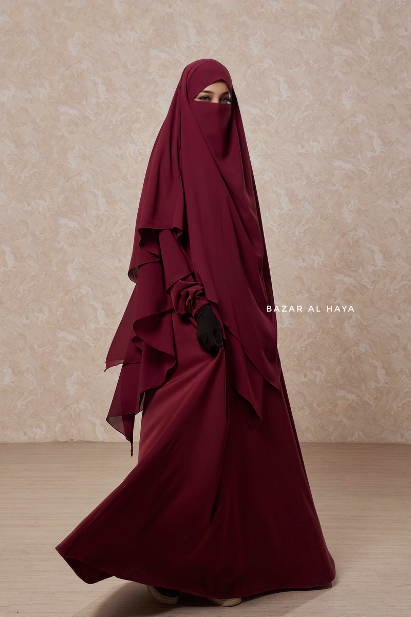 Maroon Pari Layered Khimar & Salam 2 Abaya Two Piece Set