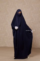 Dark Blue Sarah One Piece Jilbab - Zipper Sleeves - Silk Crepe