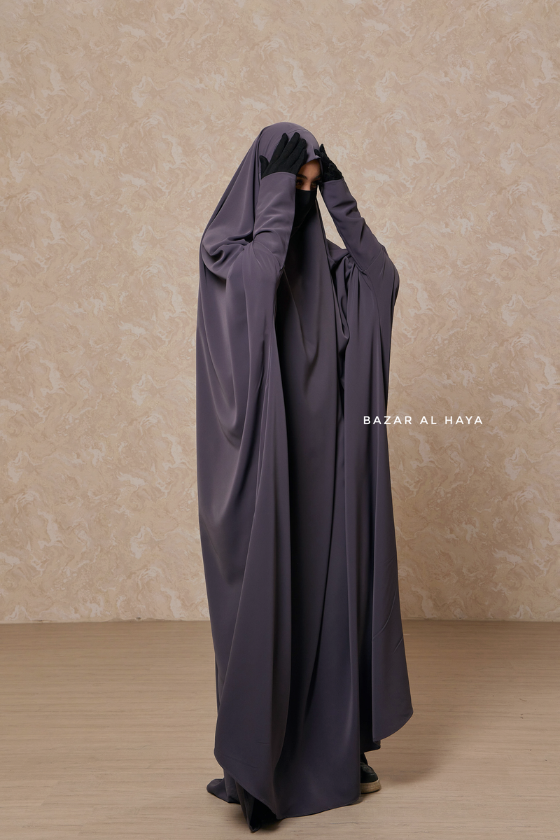 Steel Grey Sarah One Piece Jilbab - Zipper Sleeves - Silk Crepe