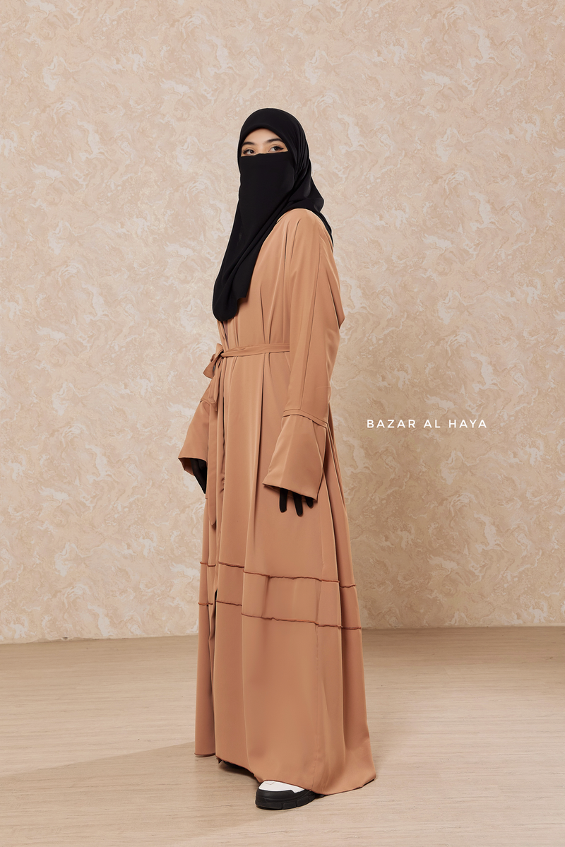 Latte Fathiya Open Front Abaya In Nida - Relaxed Fit