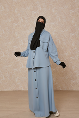 Sky Blue Durrah Two Piece Buttoned Decor Top & Skirt Set In Cotton