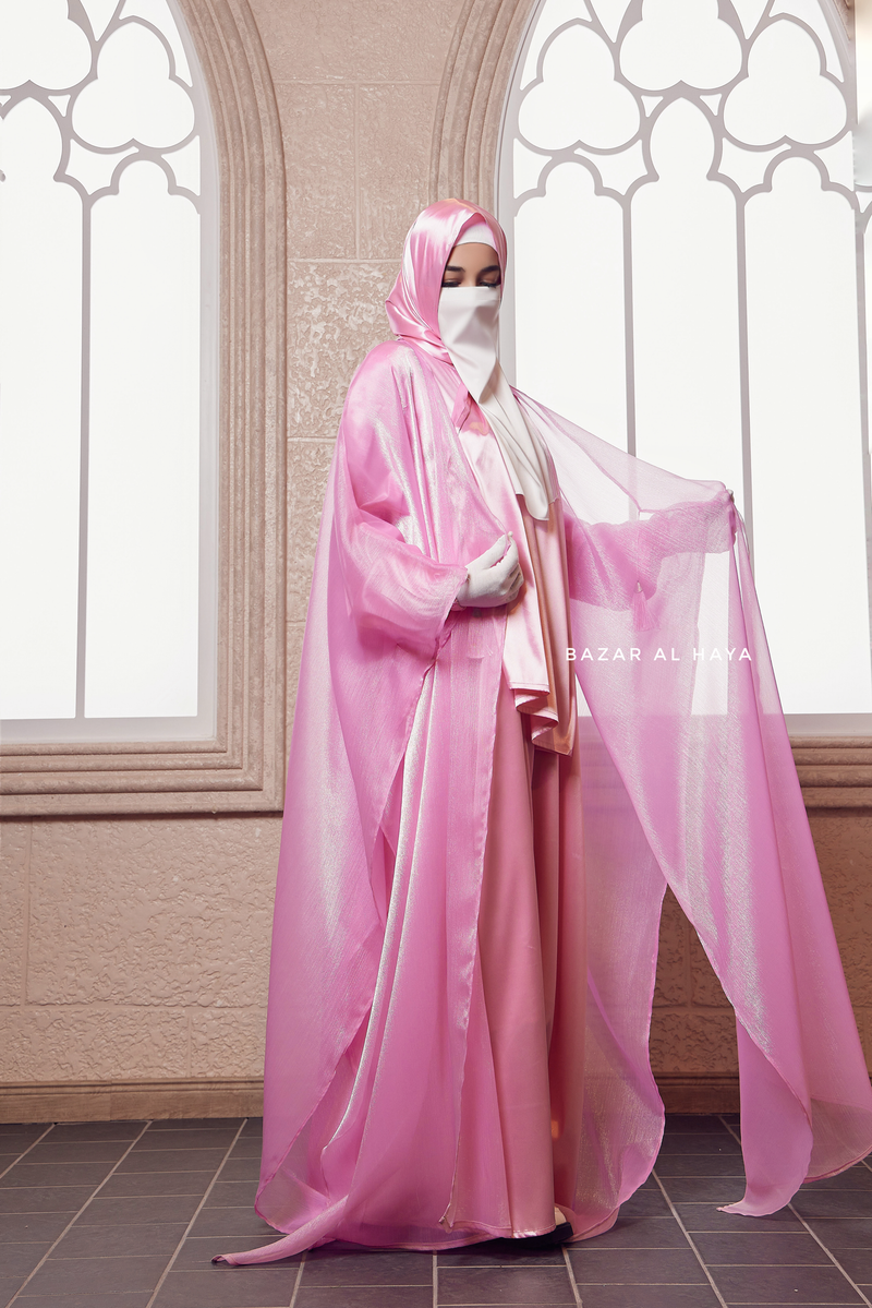 Humaira 3 Piece Abaya Set In Pink Organza Luxurious Kaftan With Inner Dress Scarf