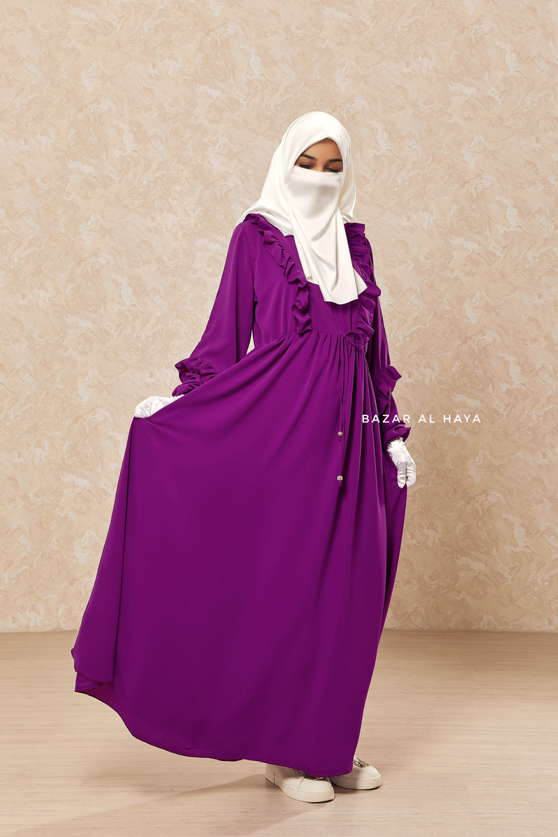 Afsah Bright Purple 3-D Ruffles Lightweight Abaya Dress - Soft Breathable Crepe Cotton