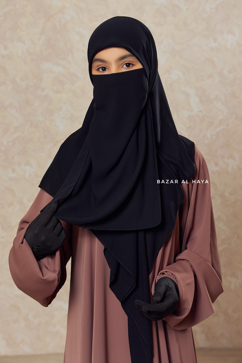 Black Square Scarf With Half Niqab Set - Super Breathable - Medium