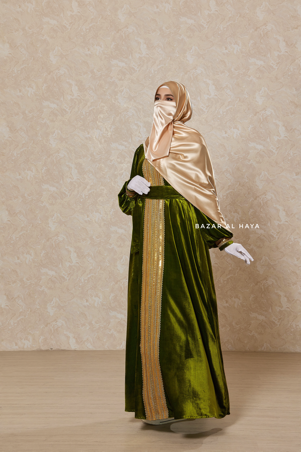 Pistachio Irfah Luxurious Plush Pombarch Kaftan - Abaya Dress With Belt
