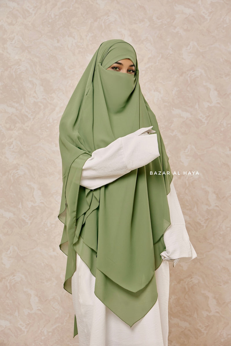 Olive Pari Two Layered Maxi Diamond Khimar - Crepe Chiffon