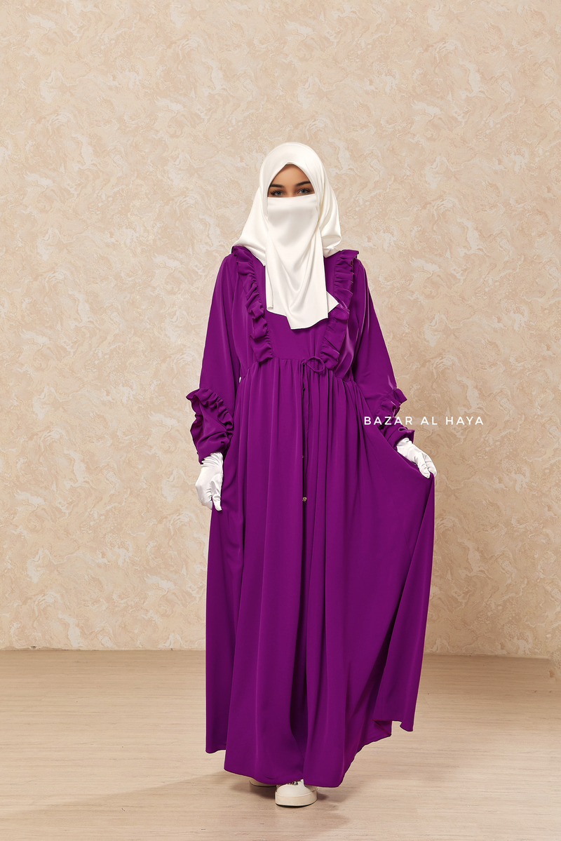 Afsah Bright Purple 3-D Ruffles Lightweight Abaya Dress - Soft Breathable Crepe Cotton