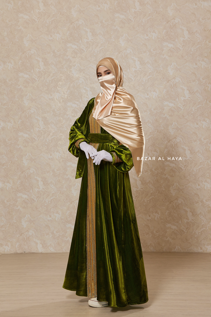 Pistachio Irfah Luxurious Plush Pombarch Kaftan - Abaya Dress With Belt